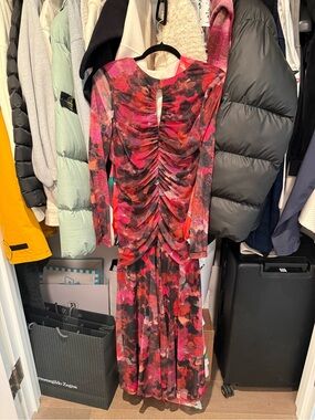 Rachel Zoe Long-Sleeve Ruched Floral Mesh Gown in Pink and Red